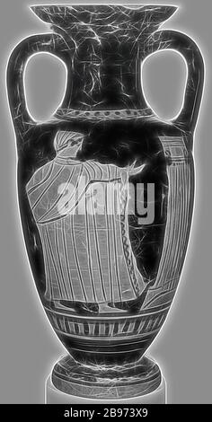Aniano collo Amphora, attribuito al Gruppo pilastro Owl, Campania, Italia del Sud, inizio 5th secolo a.C., Terracotta, 29,4 × 11,5 cm (11 9/16 × 4 1/2 in.), Reimagined by Gibon, disegno di caldo allegro bagliore di luminosità e raggi di luce radianza. Arte classica reinventata con un tocco moderno. La fotografia ispirata al futurismo, che abbraccia l'energia dinamica della tecnologia moderna, del movimento, della velocità e rivoluziona la cultura. Foto Stock