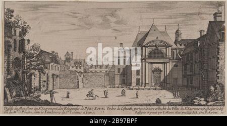 La Chiesa del Monastero del Santissimo Sacramento, i religiosi di PORT ROYAL Order Cisteaux, ha disegnato e abitudine le Figlie del Santissimo Sacramento, bastie su disegno del Sig. Paulte a Fauxbourg St Jacques a Parigi. Jean Marot (1619-79), graveur, architecte et dessinateur français. l'Eglise du Monastere du St Sacrement, des Religieuses de PORT ROYAL Ordre de Cisteaux, portant le titre et lhabit des Filles du St Sacrement, bastie sur le dessin de MR le Paulte, dans le Fauxbourg de St Jacques a Paris. Eau-forte. Parigi, Musée Carnavalet, Histoire de Paris. Foto Stock