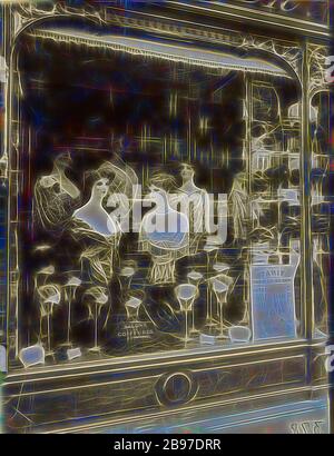 Parrucchiere's Shop Window, boulevard de Strasbourg, Eugène Atget (francese, 1857 - 1927), Parigi, Francia, 1912, gelatina argento cloruro stampa carta, 23 x 17,9 cm (9 1/16 x 7 1/16 in.), Reimagined by Gibon, design di calore allegro di luminosità e raggi di luce radiance. Arte classica reinventata con un tocco moderno. La fotografia ispirata al futurismo, che abbraccia l'energia dinamica della tecnologia moderna, del movimento, della velocità e rivoluziona la cultura. Foto Stock