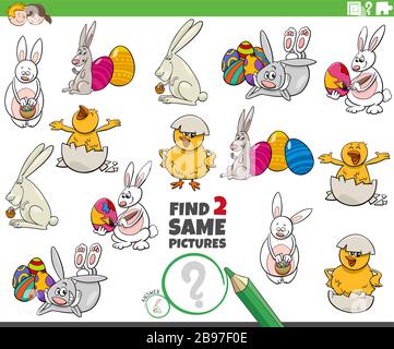 Fumetto Illustrazione di individuazione di due stesse immagini gioco educativo per i bambini con i coniglietti di Pasqua e i chicks caratteri Illustrazione Vettoriale