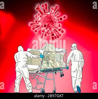 Trasferimento di un paziente infetto da Coronavirus in un'ambulanza con una barella a elevato contenuto di biocontenitori. Personale sanitario, maschere e tute protettive Foto Stock