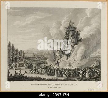 Rivoluzione francese: Terza festa della Federazione a Champ de Mars. La gente balla intorno all'albero di famiglia sul fuoco. 14 luglio 1792 7° distretto. Platano Nº63 tavole storiche della Rivoluzione Francese (titolo fittizio) Foto Stock