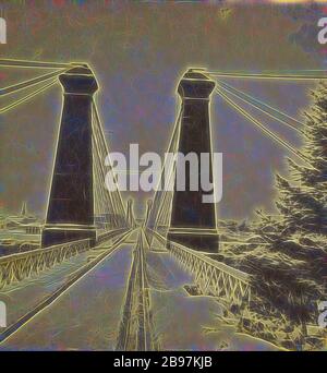 Il Niagara Suspension Bridge, vista dal lato del Canada, Churchill & Denison, 1860s, stampa in argento albume, Reimagined by Gibon, design di caldo e allegro bagliore di luminosità e raggi di luce radianza. Arte classica reinventata con un tocco moderno. La fotografia ispirata al futurismo, che abbraccia l'energia dinamica della tecnologia moderna, del movimento, della velocità e rivoluziona la cultura. Foto Stock
