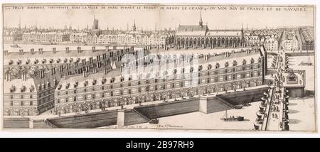 PLACE DAVPHINE CONSTRVITE NELLA CITTÀ DI PARIGI DVRANT IL REGNO DI ENRICO IL GRANDE 4 ° DV NOME ROY DI FRANCIA E NAVARRA. Claude Chastillon (1559-1616). La Place Davphine constrovite dans la ville de Paris dvrant le règne de Henri le Grand 4ème DV Nom Roy de France et de Navarre. Eau-forte et burin. Parigi, musée Carnavalet. Foto Stock