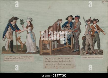 Ragazza che accoglie il suo amante ferito, indietro dalla parte anteriore Jean-Baptiste Lesueur (1749-1826). "Jeune fille accueillant son amant blessé, de retour du front". Gouache sur cartone découpé collé sur une feuille de papier lavée de bleu. Parigi, musée Carnavalet. Foto Stock