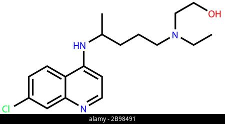 Formula strutturale dell'idrossiclorochina, una sostanza attiva contro il coronavirus COVID-19 e la malaria Foto Stock