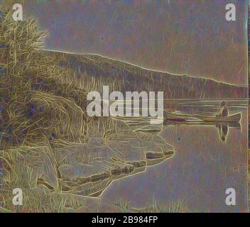 Lago Teniscouta, Quebec, Canada, George T. Taylor (canadese, attivo 1870), circa 1870, stampa in argento albume, reimagined by Gibon, disegno di calda luce allegra incandescente di luminosità e raggi di luce radianza. Arte classica reinventata con un tocco moderno. La fotografia ispirata al futurismo, abbracciando l'energia dinamica della tecnologia moderna, del movimento, della velocità e rivoluzionando la cultura. Foto Stock