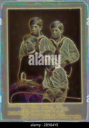 S.S. Principe Francesco Giuseppe di Teck...Principe Adolfo di Teck...Principessa Vittoria di Teck...Principe Alessandro Giorgio di Teck., attribuito a James Russell & Sons, circa 1885, Woodburytype, Reimagined by Gibon, disegno di calda allegra luce incandescente di luminosità e raggi di luce radianza. Arte classica reinventata con un tocco moderno. La fotografia ispirata al futurismo, abbracciando l'energia dinamica della tecnologia moderna, del movimento, della velocità e rivoluzionando la cultura. Foto Stock