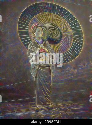 Donna giapponese con grande Parasol, Felice Beato (inglese, nato Italia, 1832 - 1909), O Barone Raimund von Stillfried (austriaco, 1839 - 1911), Giappone, 1868–1880, stampa in argento albume colorato a mano, 27.8 × 21.9 cm (10 15/16 × 8 5/8 pollici), Reimagined by Gibon, design di calda e allegra luce incandescente di luminosità e di radianza dei raggi. Arte classica reinventata con un tocco moderno. La fotografia ispirata al futurismo, abbracciando l'energia dinamica della tecnologia moderna, del movimento, della velocità e rivoluzionando la cultura. Foto Stock