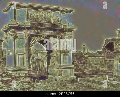 Arco di Tito, Roma, Sig.ra Jane St. John (inglese, 1803 - 1882), Roma, Italia, 1856 - 1859, stampa in argento albume da negativo cartaceo, 18.7 x 24.7 cm (7 3/8 x 9 3/4 pollici), Reimagined by Gibon, disegno di calda e allegra luce che illumina la luminosità e la luminosità dei raggi. Arte classica reinventata con un tocco moderno. La fotografia ispirata al futurismo, abbracciando l'energia dinamica della tecnologia moderna, del movimento, della velocità e rivoluzionando la cultura. Foto Stock