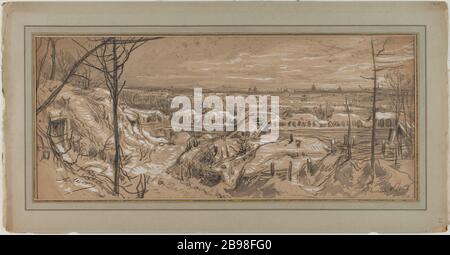 Vista dalle alture del parco Saint-Cloud durante l'assedio di Parigi. Parc de St Cloud. Hubert Clerget (1818-1899). Guerre de 1870-1871. "Vue pry des hauteurs du parc de Saint-Cloud pendant le siège de Paris. Parc de St Cloud'. Fusain, lavis gris et gouache blanche sur papier beige, 1870-1871. Parigi, musée Carnavalet. Foto Stock