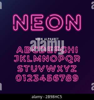 carattere moderno e chiaro al neon. alfabeto vettoriale. lettere e numeri del tubo al neon su sfondo scuro. Illustrazione Vettoriale