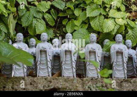 Kamakura, Giappone - 19 maggio 2019: File di statue in pietra Jizo Bodhisattva nel tempio Hase-Dera di Kamakura, Giappone. Jizo è speciale per le donne incinte A. Foto Stock