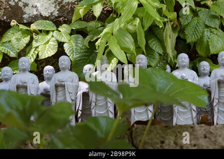 Kamakura, Giappone - 19 maggio 2019: File di statue in pietra Jizo Bodhisattva nel tempio Hase-Dera di Kamakura, Giappone. Jizo è speciale per le donne incinte A. Foto Stock