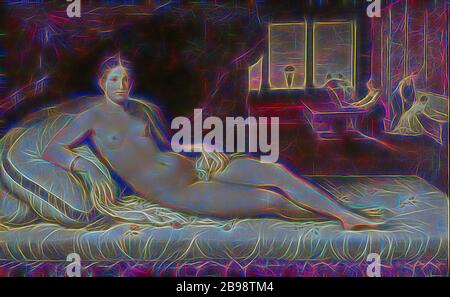 Dopo Lambert Sostris, Venere reclinata, Venere Paesaggio, olio su tela, altezza, 119 cm (46.8 pollici), larghezza, 190 cm (74.8 pollici), Reimagined by Gibon, disegno di calda allegra luce incandescente di luminosità e di radianza di raggi di luce. Arte classica reinventata con un tocco moderno. La fotografia ispirata al futurismo, abbracciando l'energia dinamica della tecnologia moderna, del movimento, della velocità e rivoluzionando la cultura. Foto Stock