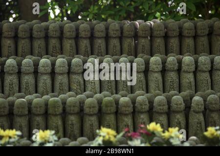 Kamakura, Giappone - 19 maggio 2019: File di statue in pietra Jizo Bodhisattva nel tempio Hase-Dera di Kamakura, Giappone. Jizo è speciale per le donne incinte A. Foto Stock