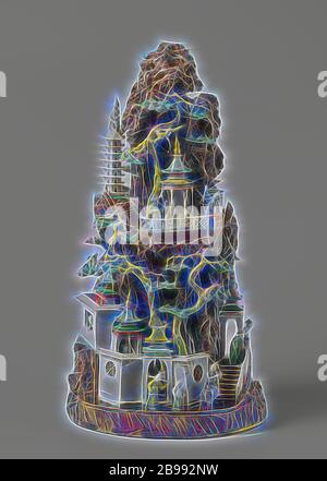 Giardino in miniatura la figura di una roccia con padiglioni, le figure e gli alberi, scultura a forma di roccia in porcellana dipinta sul biscotto in blu, rosso, verde, giallo, la melanzana e il nero. Rocce di grandi dimensioni, vari padiglioni, un ponte e una torre sono state incorporate nella roccia. Ci sono piccole figure umane in ed intorno a questi edifici, impegnati in attività quotidiane. Esempio di giardino in miniatura architettura. Email sur biscotto., anonimo, Cina, c. 1700 - c. 1724, Qing-dinastia (1644-1912) / Kangxi-periodo (1662-1722) / Yongzheng-periodo (1723-1735), porcellana (materiale), smalto, vetrificazione, h 47 c Foto Stock