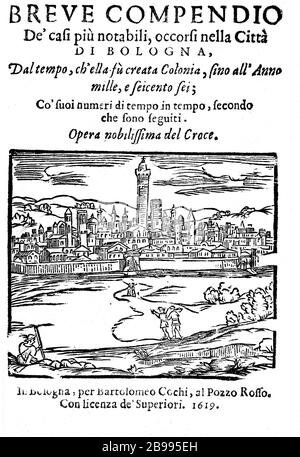 1619, Bologna , ITALIA : il poeta , astrologo , attore e produttore , cantastoria e enigma scrittore GIULIO CESARE CROCE ( 1550 - 1609 ). Autore di serie su BERTOLDO , BERTOLDINO e CACASENNO . Pagina iniziale del libro BREVE COMPENDIO DE' CASI PIU' NOTABILI OCCORSI NELLA CITTA' DI BOLOGNA di G.C. Croce, stampata a Bologna , 1619 .- POETI ITALIANI - '500 - 500'S - CANTASTORIE - ATTORE - TEATRO - TEATRO - SCRITTORE - LETTERATURA - LETTERATURA - LETTERATO - POETA - POESIA - POESIA - ASTROLOGO - ASTROLOGIA - ASTROLOGIA - INCISIONE - RITRATTO - RITRATTO - ENIGMISTA - LINGUA ITALIANA - ITALIANO L. Foto Stock