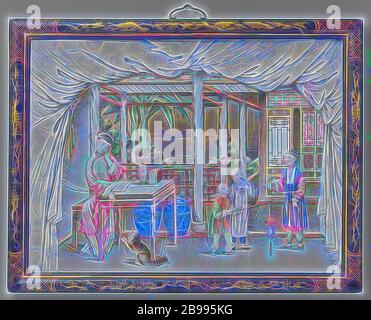 Lapide raffigurante una donna di placca di lettura con una lettura donna, placca dipinta in colori a smalto con una donna dietro un tavolo, un servo e due bambini. Le persone sono su di una terrazza coperta. Lo sfondo è stato segato in allontanamento dalla piastra e dietro l'apertura è un paesaggio di acqua, dipinta su un pezzo di carta inceppata. La performance è racchiuso nella parte anteriore da un pesante tenda incorporato. Le figure e gli elementi architettonici sono indicate in rilievo superficiale. Nero originale telaio laccato con gli scoiattoli e le vigne in oro, interni della casa, cinese (altri aspetti culturali), Jean Theodore Foto Stock