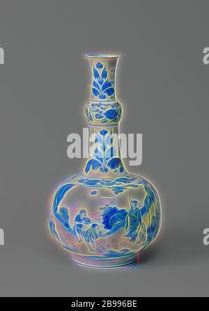 Round corposo Vaso bottiglia con figure in un paesaggio, porcellana bottiglia a forma di vaso con un anello a forma di rigonfiamento nel collo, dipinta in underglaze blu. Sulla parete di una rappresentanza permanente di uno studioso e il suo entourage in un paesaggio di montagna, alberi e piante (piante di banana). Due ragazzi di ogni offerta lo studioso di un oggetto su una scala. Due dei servi di trasportare un oggetto (qin parcheggiata). La scena è chiusa da nuvole e rocce. La spalla con una band con cartigli floreali. Sul collo per due volte un tulipano motivo con due valori in tra (perla, il diamante). L'ispessimento anulare con lotus viticci. 0 Foto Stock