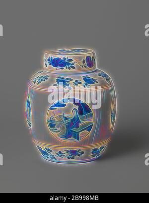 Vaso ovoide con lati scanalati e figure in medaglioni, coperchio piatto di vaso in porcellana a forma di uovo, dipinto in blu sottmalto. Sul bordo del coperchio con rami di frutta (pesca), la parte superiore con tre ragazzi da gioco (stols) in un giardino recintato. Bianco blu, anonimo, Cina, c.. 1700 - c. 1724, dinastia Qing (1644-1912) / periodo Kangxi (1662-1722) / periodo Yongzheng (1723-1735), porcellana (materiale), smalto, cobalto (minerale), vetrificazione, d 11 cm × h 3.8 cm, Reimagined by Gibon, disegno di calda e luminosa allegria. Arte classica reinventata con un moderno Foto Stock