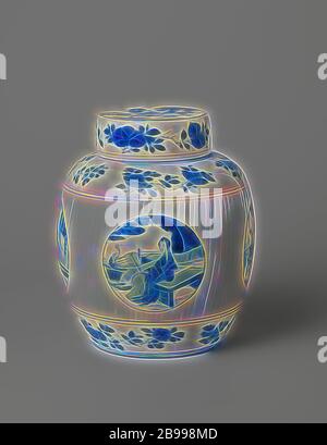 Ovoidale vaso coperto con lati scanalati e figure in medaglioni, a forma di uovo vaso di porcellana con parete nervata e coperchio piatto, dipinta in underglaze blu. Quattro medaglioni sono state salvate nella parete nervata con una signora cinese (lungo le linee) racchiusi in un giardino nella parte anteriore di un padiglione con alberi e rocce e una banda con fiore spray (bella garofano, peonia, camellia) attorno al piede e spalla, il bordo del coperchio con rami di frutta (pesche), la parte superiore con la riproduzione di tre ragazzi (stolti) in un giardino recintato. Contrassegnato sulla parte inferiore con il sei-marchio di caratteri dell'imperatore Chengua in un doppio cerchio. Blue Foto Stock