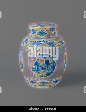 Ovoidale vaso coperto con lati scanalati e figure in medaglioni, uova a forma di vaso di porcellana con parete nervata e coperchio piatto, dipinta in underglaze blu. Quattro medaglioni sono state salvate nella parete nervata con donne cinesi (lungo le linee) in un giardino con alberi e rocce o in un interno, ballare o giocare a 'go'. Una band con spruzzi di fiori intorno al piede e alla spalla. Il bordo del coperchio con fiore spray, la parte superiore con tre studiosi ed un servo su una terrazza recintata. Contrassegnato sulla parte inferiore con il piano orizzontale di sei caratteri del marchio imperatore Chengua in un doppio cerchio. Bianco blu., anonimo, Cina Foto Stock