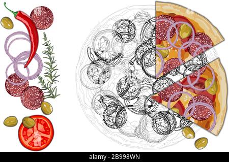 Pizza italiana originale con peperoni e funghi su fondo bianco Illustrazione Vettoriale