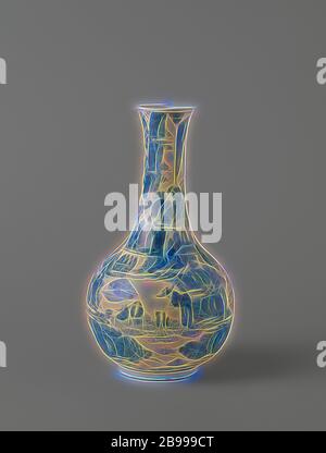 Vaso bottiglia con due paesaggi in continuo con figure, bottiglia a forma di vaso di porcellana con una pancia sferica e leggermente svasato a collo, dipinta in underglaze blu. Sul ventre di un paesaggio in continuo con gruppi di persone tra le rocce, alberi e piante: due persone sotto un ombrellone, uno che punta a qualcosa agli altri è alla ricerca di tre persone, uno con una canna da zucchero, in piedi di una persona che si piega per due persone sedute,. Sullo sfondo di una casa. Sul collo di un paesaggio in continuo con una persona seduta e due persone in piedi, uno con un banner e gli altri con una sorta di vaso. Una norma pren sul fondo. Foto Stock