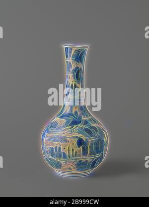 Vaso bottiglia con due paesaggi in continuo con figure, bottiglia a forma di vaso di porcellana con una pancia sferica e leggermente svasato a collo, dipinta in underglaze blu. Sul ventre di un paesaggio in continuo con gruppi di persone tra le rocce, alberi e piante: due persone sotto un ombrellone, uno che punta a qualcosa agli altri è alla ricerca di tre persone, uno con una canna da zucchero, in piedi di una persona che si piega per due persone sedute,. Sullo sfondo di una casa. Sul collo di un paesaggio in continuo con una persona seduta e due persone in piedi, uno con un banner e gli altri con una sorta di vaso. Una norma pren sul botto Foto Stock