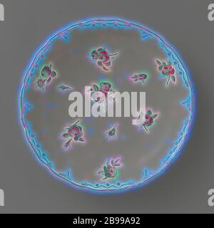 Ciotola, dipinta con rose sparse, ciotola di porcellana. Bordo scottato con motivi a rocailletto, in parte dorati, in parte ricoperti di palafine in oro. Rifinire con la finitura a foglia dorata appesa sul bordo. Dipinta con rose sparse in rosa, verde, blu e grigio., produzione Oud-Loosdrecht, Loosdrecht, c. 1778 - c. 1782, porcellana (materiale), h 5.5 cm × d 30 cm, Reimagined by Gibon, disegno di calda e allegra luce di luminosità e di luminosità dei raggi. Arte classica reinventata con un tocco moderno. Fotografia ispirata al futurismo, che abbraccia l'energia dinamica della tecnologia moderna, il movimento Foto Stock