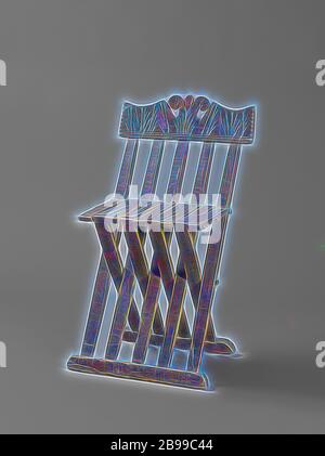 Sedia pieghevole in legno di faggio, con cinque doghe nello schienale e nove nel sedile. Il davanzale superiore del dorso presenta una semplice cornice e archi concavi alle estremità., anonimo, Italia, 1500 - 1600, legno (materiale vegetale), faggio (legno), h 79 cm × w 44.5 cm × d 47 cm h 48 cm × d 25 cm, Reimagined by Gibon, design di calda e allegra luce di luminosità e raggi di luce radianza. Arte classica reinventata con un tocco moderno. La fotografia ispirata al futurismo, abbracciando l'energia dinamica della tecnologia moderna, del movimento, della velocità e rivoluzionando la cultura. Foto Stock