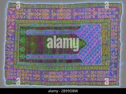 Tappeto orientale, tappeto di preghiera, in lana annodata, decorato con un terracotta mihrab, con piano rettangolare, sostenuto da due colonne. Una lampada stilizzata è appesa alla parte superiore. I mandrini sono riempiti con foglie piatte. Intorno a tre bordi e quattro orli., Kula, 1800 - 1900, lana, h 196 cm × w 142 cm, Reimagined by Gibon, disegno di calda allegra luce di luminosità e di radianza di raggi di luce. Arte classica reinventata con un tocco moderno. La fotografia ispirata al futurismo, abbracciando l'energia dinamica della tecnologia moderna, del movimento, della velocità e rivoluzionando la cultura. Foto Stock