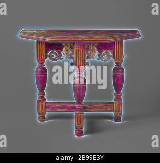 Tavolo a tre gambe, tavolo in rovere a tre gambe con foglia ottagonale pieghevole, collegato su tre gambe sottili di vaso da una croce a T. Le gambe hanno case che sono scanalate sopra, sotto, così come le linee, ornate con ornamento piatto catena. Una delle gambe laterali è segata verticalmente e ruotabile come supporto per la foglia pieghevole. I pezzi di supporto sono tagliati via., anonima, Olanda, 1600 - 1650, legno (materiale vegetale), quercia (legno), h 76 cm × w 94.5 cm × d 87 cm × w 17 kg, Reimagined by Gibon, disegno di calda e allegra luce incandescente di luminosità e di radianza dei raggi. Arte classica reinventata con un mod Foto Stock