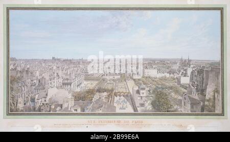 VISTA PARIGI DALL'INTERNO DELL'OSPEDALE GENERALE ALLA VISTA DELLA STELLA PRENDENDO IL BELVEDERE DELLA CASA SIG. FORNELLE RUE DES FOSSES BAKERS ST VICTOR LOUIS-NICOLAS LESPINASSE (1734-1808). "Vue intérieure de Paris depuis l'hôpital général jusqu'à l'Etoile, vue pry du belvédère de la maison de M. Fornelle, rue des Boulangers Fossés Saint Victor". Gouache, acquarelle. Parigi, musée Carnavalet. Foto Stock