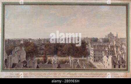 VISTA INTERNA DI PARIGI, DECISIONE DEL BELVEDERE Sig. Fornelle RUE DES BAKERS ST-VICTOR Louis Nicolas Lespinasse (1734-1808). "Vue intérieure de Paris, pry du belvédère de M. Fornelle, rue des Boulangers Saint-Victor". Aquarelle et gouache. Parigi, musée Carnavalet. Foto Stock