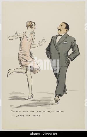 ALBUM WHITE BOTTOMS BY SEM : YOU MUST LIKE THE CHARLESTON, M. GRECO : IT WEARS OUT SHOES (PL 19) SEM (1863-1934). 'Album White Bottoms by SEM : You must like the charleston, M. Greco : IT wears out shoes (pl 19)'. Lithographie en couleur. Parigi, musée Carnavalet.