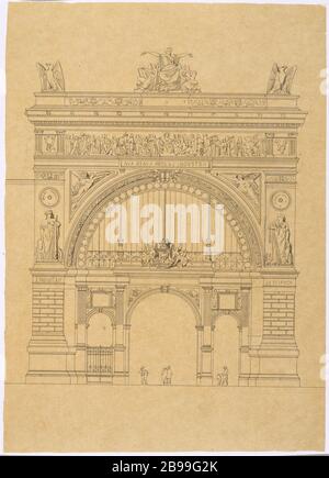 Elevazione dell'edificio anteriore centrale e porta principale Exposition universelle de 1900. Palais de l'Industrie : élévation de l'avant-corps Central et de la porte principale. Plume crayon sur calque, 1855. Parigi, musée Carnavalet. Foto Stock