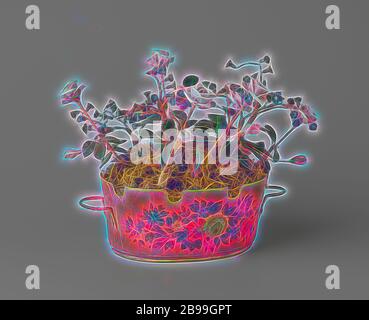 Vaso da fiori, scatola di fiori di métal Peint con rose e dimenticare-me-nots. Il recipiente ovale con bordo scalato mostra un ciuffo di fiori in blu, bianco, rosso e arancione su salmone rosa-scatola tra foglie di palma di bosso. Sul lato sono presenti maniglie semicircolari lisce. I falsi steli di ferro sono bloccati in muschio falso, con undici rose lilla-rosa e gemme e quattro rami triple con verde scuro-blu dimenticare-me-nots. Innumerevoli carta verniciata (?) Foglie, anonime, Francia, c.. 1790 - c. 1800, porcellana (materiale), metallo, carta, h 9 cm × w 19 cm, Reimagined by Gibon, disegno di calda allegra luce di luminosità An Foto Stock