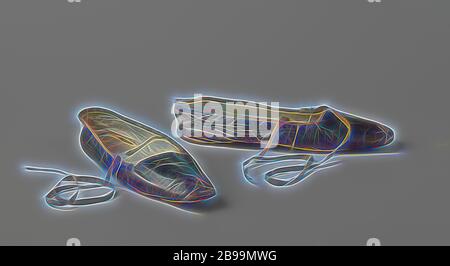 Scarpa in pelle di torretta dorata con naso a taglio dritto e senza tacco e fasce di cavallo di nastro marrone, scarpa in pelle di torretta dorata. Uguale a sinistra/destra. Modello: Punta a taglio dritto. Senza tallone. Bande trasversali a nastro marrone. Fodera in pelle bianca, con fodera in lino ai piedi. Lieve danno al naso, anonimo, Belgio, c.. 1825 - c. 1850, geheel, voering, l 25 cm × l 5 cm × h 5 cm, Reimagined by Gibon, design di calda allegra luce e luminosità raggi. Arte classica reinventata con un tocco moderno. Fotografia ispirata al futurismo, che abbraccia l'energia dinamica della tecnologia moderna, Foto Stock