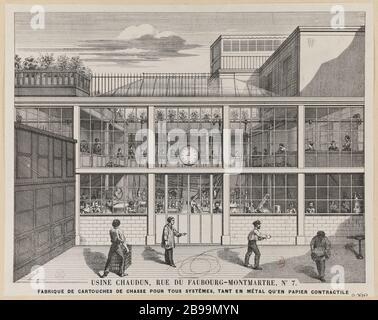 Usine Chaudun, rue du Faubourg Montmartre, n. 7 - fabbrica di cartucce di caccia per tutti i sistemi, come metallo in carta contrattile J. Luc, graveur. Usine Chaudun, fabrique de cartouches de chasse pour tous systèmes, tant en métal qu'en papier contractile. Parigi (7, rue du Faubourg Montmartre, IXème arr.). Impression photomécanique, procédé Gillot (d'après une gravure sur bois). Parigi, musée Carnavalet. Foto Stock