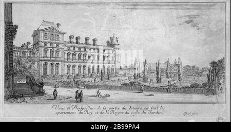 VISTA E PROSPETTIVA DI PARTE DEL LOUVRE O DEGLI APPARTAMENTI SONO IL RE E LA REGINA DELLA COSTA GIARDINO ISRAËL SILVESTRE (1621-1691) ET ISRAËL HENRIET (1590-1661). "Vue et Perspective de la partie du Louvre où sont les Appartements du Roi et de la Reine du côté du jardin". Eau-forte, 1650-1655. Parigi, musée Carnavalet. Foto Stock