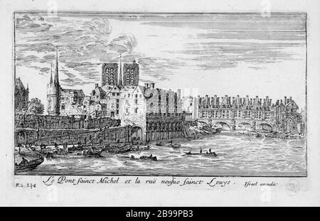 LE PONT SAINT-MICHEL E RUE NEUVE SAINT LOUIS Israël Silvestre et Israël Henriet. "Le pont Saint-Michel et la rue Neuve Saint-Louis". Eau-forte, 1650-1660. Parigi, musée Carnavalet. Foto Stock