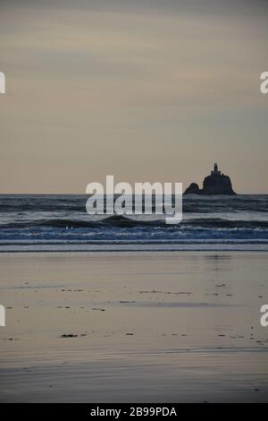 Faro di Tillamook Rock, visto dalle silhouette della luce del pomeriggio da Indian Beach, Ecola state Park, Clatsop County, Oregon Coast, USA. Foto Stock