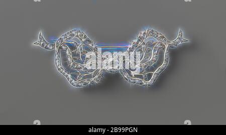 Brooch a forma di arco, Brooch d'argento con diamanti a forma di arco. Su entrambi i lati del pezzo centrale due anelli di fissaggio con 20 diamanti ciascuno. Le slips del nastro scorrono attraverso gli anelli. Un giro in ogni loop. Sul retro un nuovo pin dorato, Mezes e Aäronkerk, Adrianus Steen, Amsterdam, 1784, argento (metallo), oro (metallo), diamante (minerale), h 4.0 cm × w 9.6 cm, Reimagined by Gibon, design di calda allegra luce incandescente e luminosità raggi di luce radianza. Arte classica reinventata con un tocco moderno. Fotografia ispirata al futurismo, che abbraccia l'energia dinamica della tecnologia moderna, del movimento, sp Foto Stock