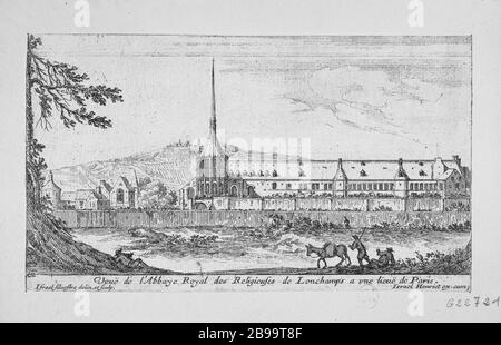 VISTA DELLA ROYAL ABBEY RELIGIOSA LONGCHAMPS A LIEUE DI PARIGI Israël Silvestre (1621-1691), Israël Henriet (1590-1661). "Vue de l'abbaye Royale des religieuses de Longchamp à une lieue de Paris". Eau-forte, 1652. Musée Carnavalet, histoire de Paris Foto Stock