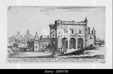 A PORTA SAINT DENIS DE LA VILLE DE PARIS FUORI Israël Silvestre et Israël Henriet. "Vue de la porte Saint-Denis de la Ville de Paris par le dehors". Eau-forte, 1652. Parigi, musée Carnavalet. Foto Stock