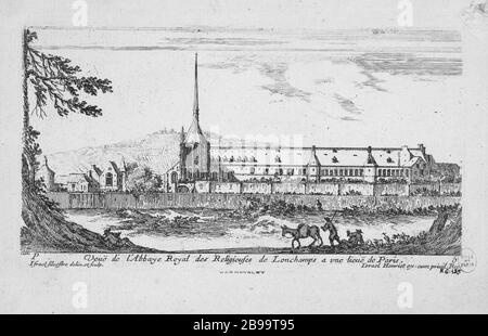ALLA REALE ABBAZIA DI RELIGIOSI LONGCHAMP LIEUE DI PARIGI Israël Silvestre (1621-1691), Israël Henriet (1590-1661). "Vue de l'abbaye Royale des religieuses de Longchamp à une lieue de Paris". Eau-forte, 1652. Parigi, musée Carnavalet. Foto Stock