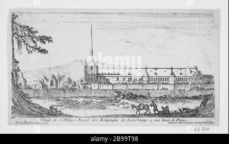 VISTA DELLA ROYAL ABBEY RELIGIOSA LONCHAMP A LIEUE DI PARIGI Israël Silvestre (1621-1691), Israël Henriet (1590-1661). "Vue de l'abbaye Royale des religieuses de Longchamp à une lieue de Paris". Eau-forte, 1652. Musée Carnavalet, histoire de Paris Foto Stock