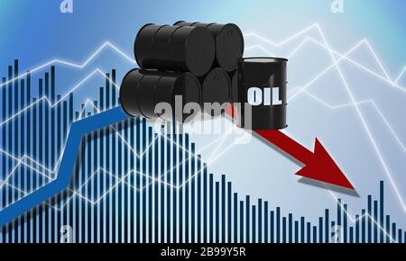 Pochi barili di petrolio e un grafico rosso giù - calo del concetto di prezzi del petrolio, rendering 3D Foto Stock